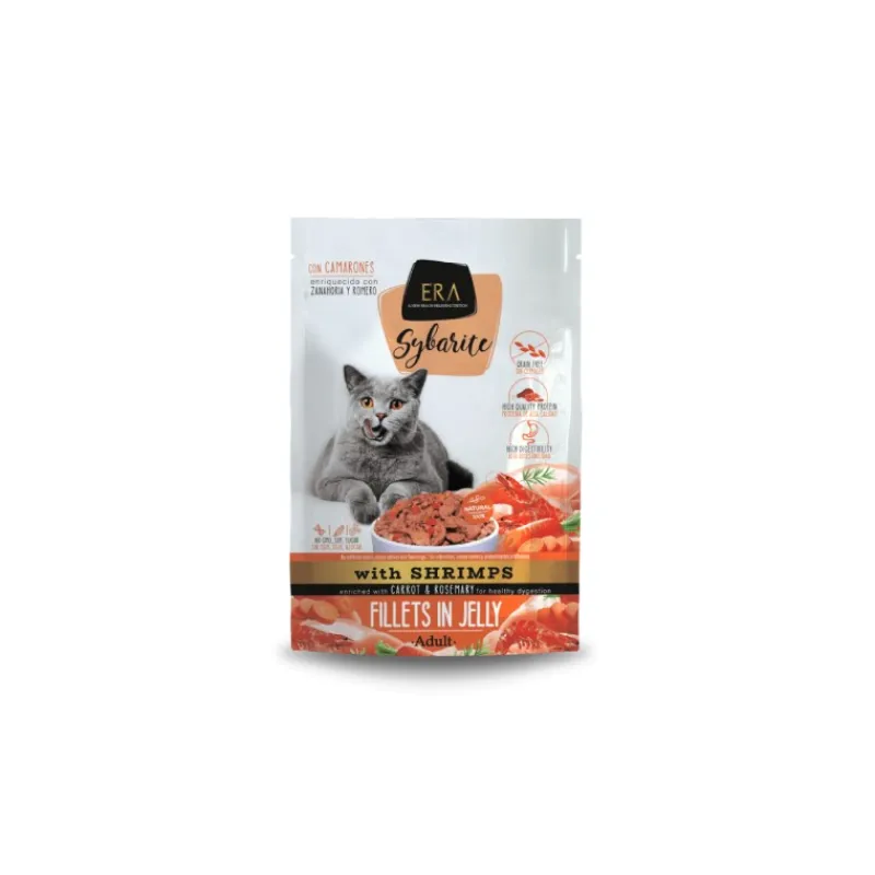 filets_en_gele_era_sybari_0-4.webp ERA Filets en gelée Sybarite pour Chats Adultes – Crevettes & Poulet Sale